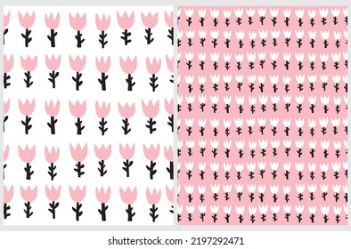 Tulip Flowers Print. Cute Childish Style Hand Drawn Vector Seamless Pattern with Abstract Tulips on a Pastel Pink and White Background. Floral Repeatable Design ideal for Fabric, Textile. 