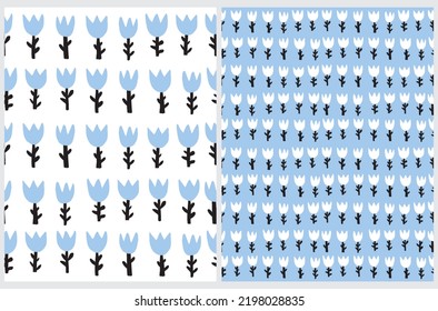 Tulip Flowers Print. Cute Childish Style Hand Drawn Vector Seamless Pattern with Abstract Tulips on a Baby Blue and White Background. Floral Repeatable Design ideal for Fabric, Textile. 
