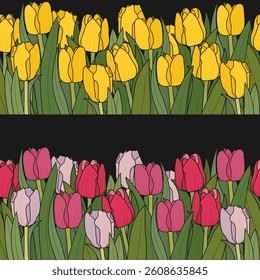 Tulip flowers seamless border, frame. Spring floral design elements, vector illustration.