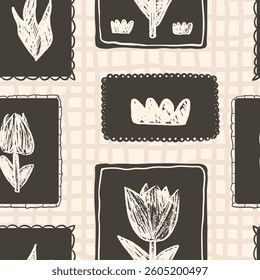 Tulip flowers seamless pattern. Block print floral stencil on vintage frame allover background. crayon drawn repeat cover. Surface pattern design spring. Vector hand drawn monochrome illustration.