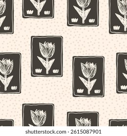 Tulip flowers seamless pattern. Block floral stencil on vintage frame allover background. Crayon drawn repeat cover. Surface pattern design spring motif. Vector hand drawn monochrome illustration.