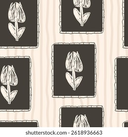Tulip flowers seamless pattern. Block print floral stencil on vintage frame allover background. crayon drawn repeat cover. Surface pattern design spring. Vector hand drawn monochrome illustration.
