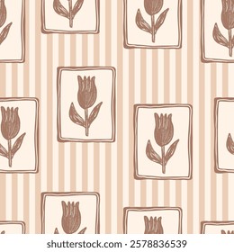 Tulip flowers seamless pattern. floral stencil on vintage frame allover background. crayon drawn repeat cover. Surface pattern design spring motif. Vector hand drawn monochrome illustration.