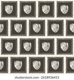 Tulip flowers seamless pattern. Linocut block print floral stencil on vintage frames allover background. Rectangle marker drawn repeat cover. Vector hand drawn monochrome spring motif.