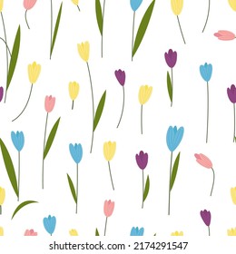 Tulip flowers seamless pattern. Wild garden flowers, tulips with leaves print. Spring summer romantic design, cute doodle nature vector elements