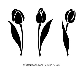 Tulip flowers. Set of black silhouettes of tulips isolated on a white background. Vector illustration