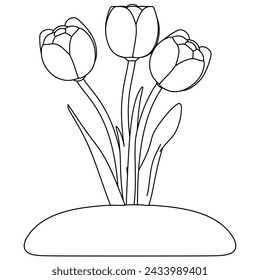 Tulip flowers in soil line art. Vector illustration with spring season theme and line art style.