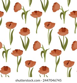 Tulip flowers. Spring floral seamless pattern. Stylized red flowers on a white background. Printing on fabric, packaging, wallpaper, tableware, home textiles.