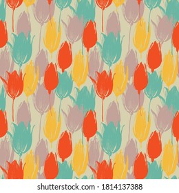 Tulip flowers stems seamless pattern in retro style and colors