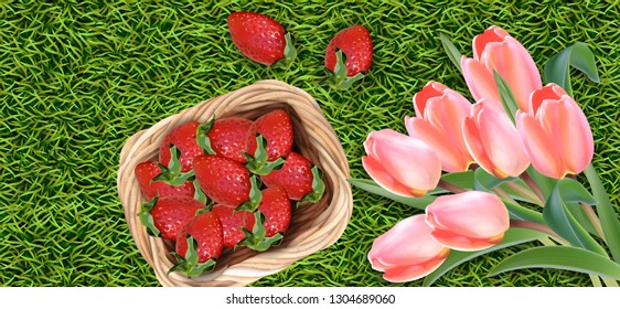 Tulip flowers and strawberry Vector realistic. Spring summer season card illustrations