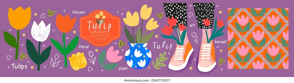 Tulip flowers. Stylish vector tulip flower and bouquet illustrations with vibrant colors, modern seamless pattern, and playful design. Perfect for spring-themed poster, card, and decorative background