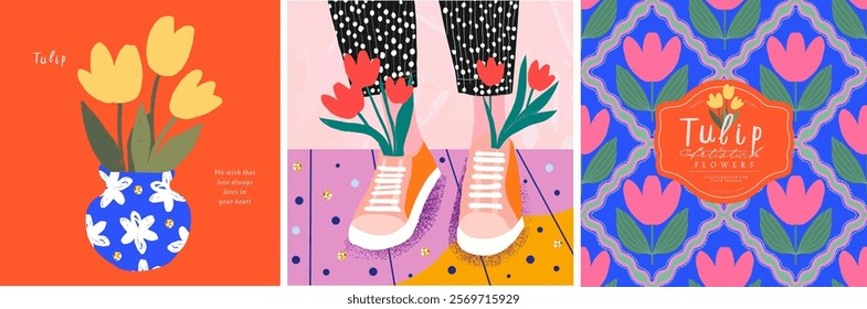 Tulip flowers. Stylish vector tulip flower and bouquet illustrations with vibrant colors, modern seamless pattern, and playful design. Perfect for spring-themed poster, card, and decorative background