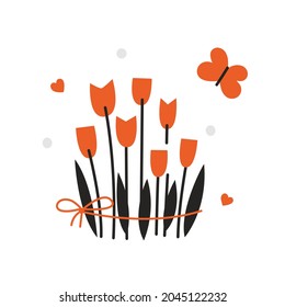 Tulip flowers vector clipart. Isolated illustrations of tulips hearts butterfly. Flat style. Spring romantic design. International women day