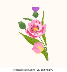 Ilustración vectorial de flores de tulipán con elegantes flores y sentimiento fresco de primavera. Obra de arte botánica para diseño floral, tarjetas de felicitación, embalaje, textiles, papelería, proyectos decorativos modernos.