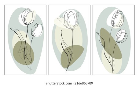 Tulip flowers vector line art color set. Abstract shape floral hand drawing outline tulips. Minimalistic modern set of tulips one line art black and white. Tulip flower graphic sketch illustration