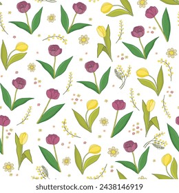 Tulip flowers vector seamless pattern.