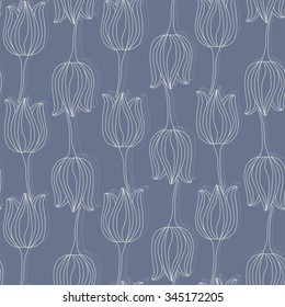 Tulip Flowers. Vintage Seamless Pattern. Porcelain Outline On Slate Blue Grey Background. Reverse Vertical Layout. Vector Illustration.