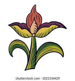 Tulip folklore isolated on white background. Ethnic colorful spring flower. Beautiful summer plant in traditional style. Design for any purpose. Vector illustration.