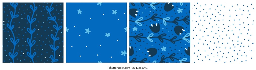 Tulip and forget-me-not flowers seamless pattern set. Cozy floral vector designs for bedding, kitchen textile or summer dress fabric. Botanical blue and navy coordinating background collection.
