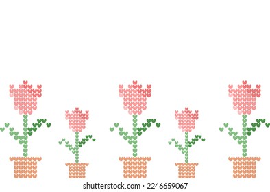 Tulip garden vector for Valentine’s Day, February 14 Valentines greeting card design, pink flowers in pot wallpaper background, tulip greeting card design, Valentine’s Day of pink flowers cross stitch