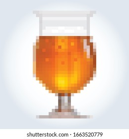 Tulip glass of beer with foam. Pixel art. Vector graphics on a gray-blue gradient background.