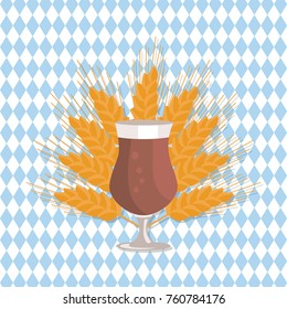 Tulip glass of beer vector illustration on checkered backdrop with ears of wheat on background. Black light alcohol beverage on Oktoberfest festival