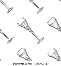 Tulip glass seamless pattern. Sparkling wine glass. Hand drawn empty champagne glass sketch. Engraving style. Design for textile print, wrapping paper. Vector illustration