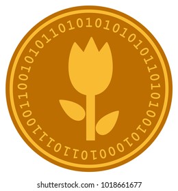 Tulip golden digital coin icon. Vector style is a gold yellow flat coin cryptocurrency symbol.