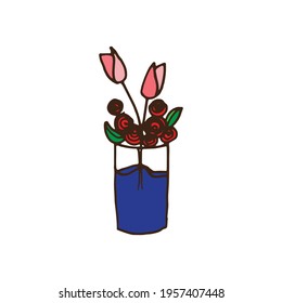tulip with green leaf in the glass jar illustration on white background. beautiful flower, hand drawn vector. glass jar with water. doodle art for logo, label, cover, poster, banner, sticker, clipart.