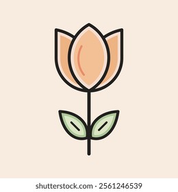 Tulip with green leaves, orange petals and large stem ready to decorate your project. Vector filled Tulip icon