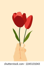 Tulip in hand background.Eps 10 vector.