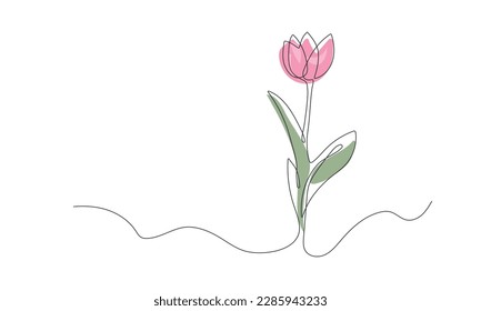 Handgezeichnete Blume, durchgehend. Frühlingsblume mit Blättern einer Linie. Botanisches Zierzeichnungselement. Vektorgrafik