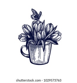 Tulip hand drawn Isolated vector botanical illustration. Bouquet in a glass. Mug with flowers. Universal templates for invitation or packaging. Engraving