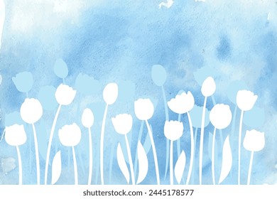 Tulip hand drawn on blue  background. Vector sketch of flowers. Watercolor poster. Transparent card of plant. Spring meadow 
