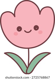 Tulipa com rosto feliz, pétalas arredondadas, bochechas vermelhas e duas folhas em um desenho em linha limpa. Símbolo de alegria, flor de primavera, bondade e humor positivo para saudar. Ilustração de vetor de desenhos animados.