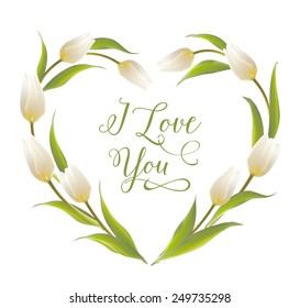 Tulip heart frame bouquet over white background. Vector illustration