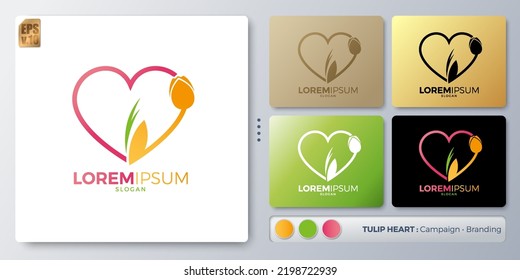 Tulip and heart Logo design. Blank name for insert your Branding. Designed with examples for all kinds of applications. You can used for company, indentity, cosmetic, environment campaign, branding.