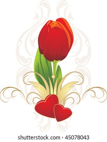 Tulip, hearts and gothic ornament. Vector