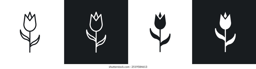 Tulip icon collection in black and white filled and stroke line style.