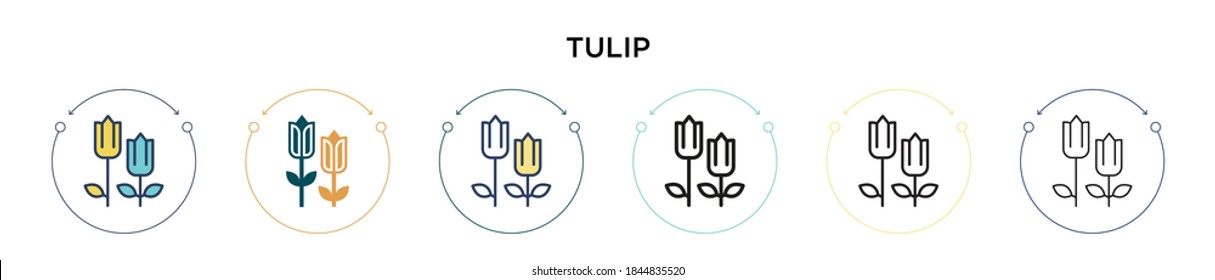 Tulip icon in filled, thin line, outline and stroke style. Vector illustration of two colored and black tulip vector icons designs can be used for mobile, ui, web