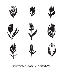 Tulip Icon, Flower Symbol, Daisy Sign, Floral Silhouette, Blossom Graphic Element, Dutch Florist Pictogram, Tulip Outline Set Vector Illustration