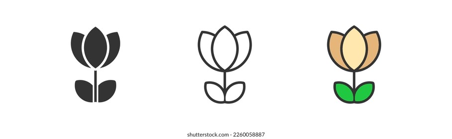 Tulip icon on light background. Flower symbol. Spring, floral store, logo, holland tulips, blossom, nature, palnt signs. Outline, flat, and colored style. Flat design.