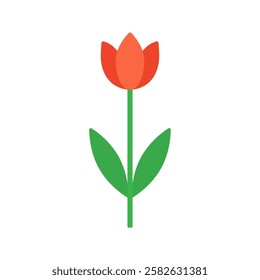 Tulip icon. Red flower with green leaves icon. Vector illustration.