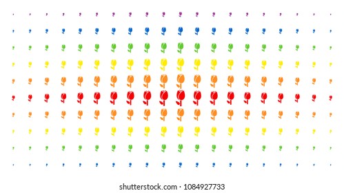 Tulip icon spectral halftone pattern. Vector tulip items are arranged into halftone grid with vertical spectral gradient. Constructed for backgrounds, covers, templates and abstraction compositions.