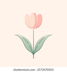 Tulip icon. Stylized pink flower with green leaves on ivory background. Best for web, polygraphy, logo design and festive decoration.