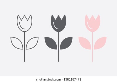 Tulip icons set in flat and line style. Plant symbol illustration in black and pink color isolated on white background. Monochrome floral template. 