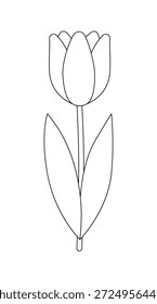 Tulipán aislado en un fondo blanco. Dibujo de contorno. Icono lineal, Ilustración vectorial, página para colorear. Flor de primavera temprana, tema de Pascua.
