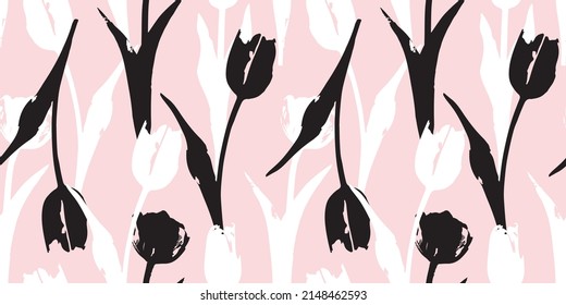 Tulip lavender seamless pattern. Spring tulips wallpaper design. Botanical flowers texture.
