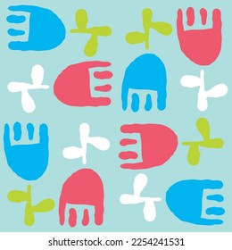 Tulip with leaves pattern for fabric print, background decoration, paper ornament, wallpaper. Floral, garden, botanical, theme. Romantic, elegant hand drawn illustration. Vintage style vector drawing.