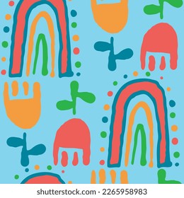 Tulip with leaves, rainbow pattern for fabric print, background decoration, paper ornament, wallpaper. Floral, garden, botanical, theme. Romantic, hand drawn illustration. Vintage style vector drawing
